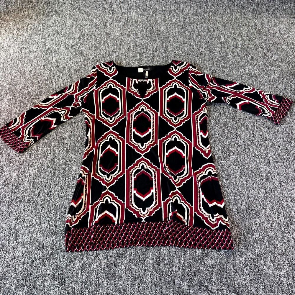White House Black Market Blouse Top Womens Medium Black Red Geometric Notch Neck